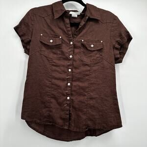 Tweeds Linen Top Shirt Womens Large Brown Button Breathable Minimalist Neutral‎
